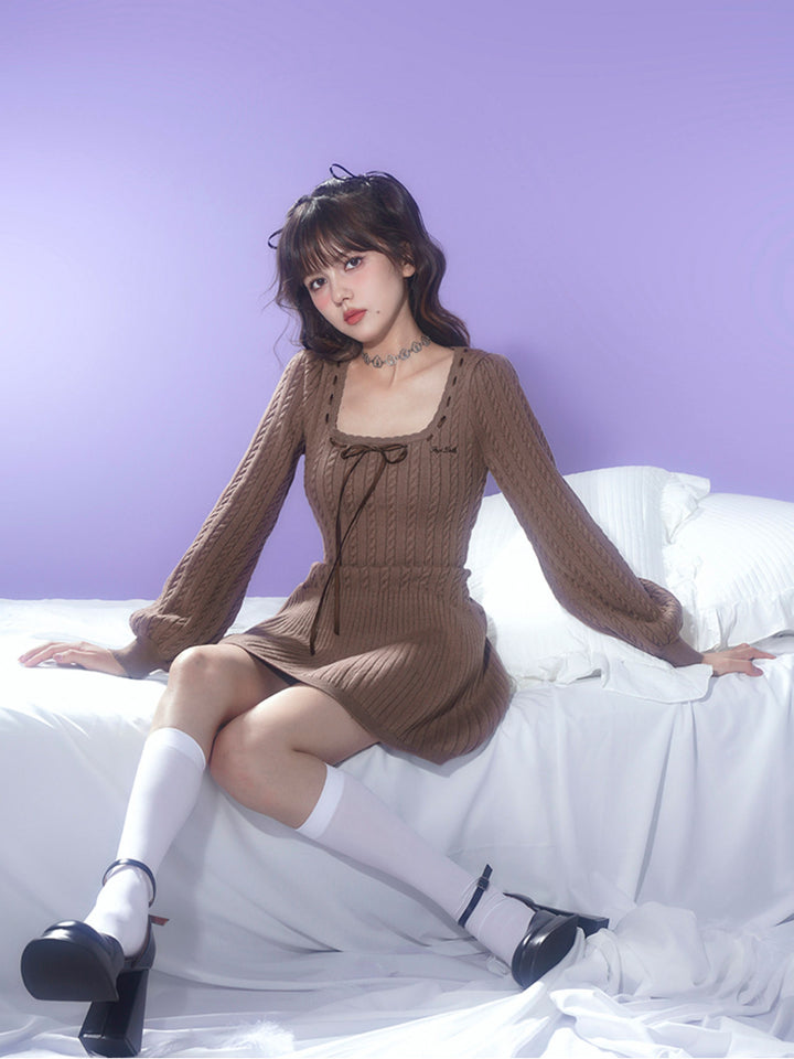 Brown Square Neck Knit Mini Dress