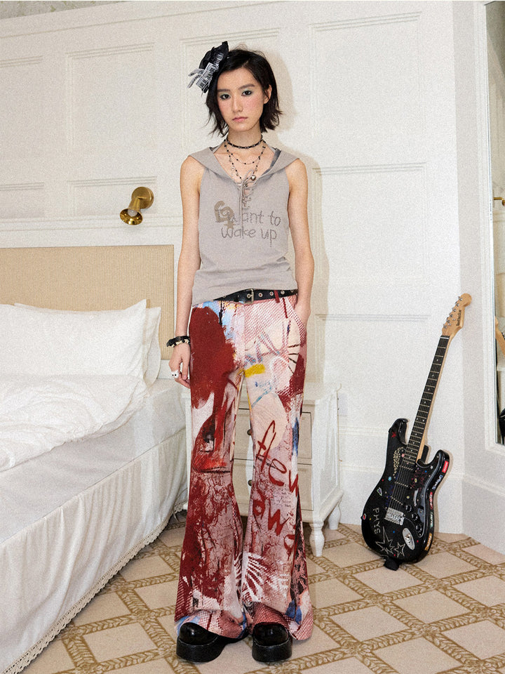 Red Abstract Graphic Flare Pants