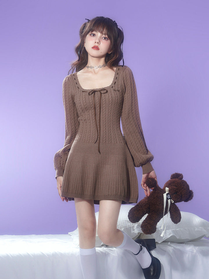 Brown Square Neck Knit Mini Dress