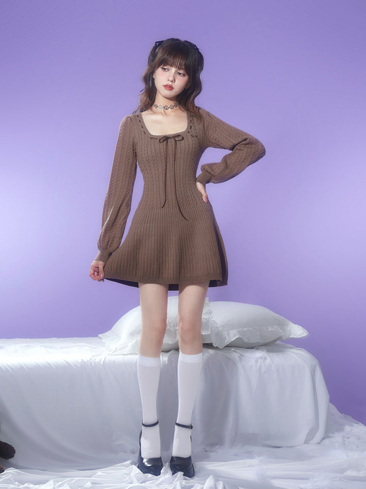 Brown Square Neck Knit Mini Dress