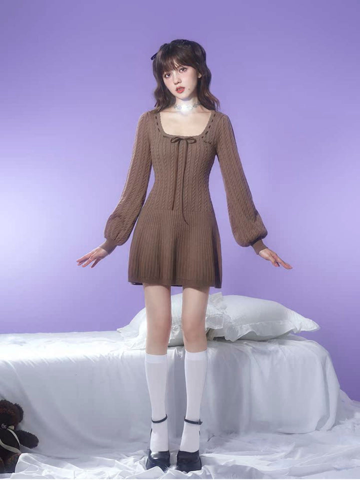 Brown Square Neck Knit Mini Dress