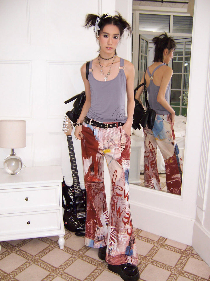 Red Abstract Graphic Flare Pants