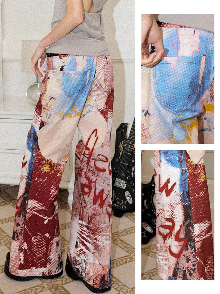 Red Abstract Graphic Flare Pants