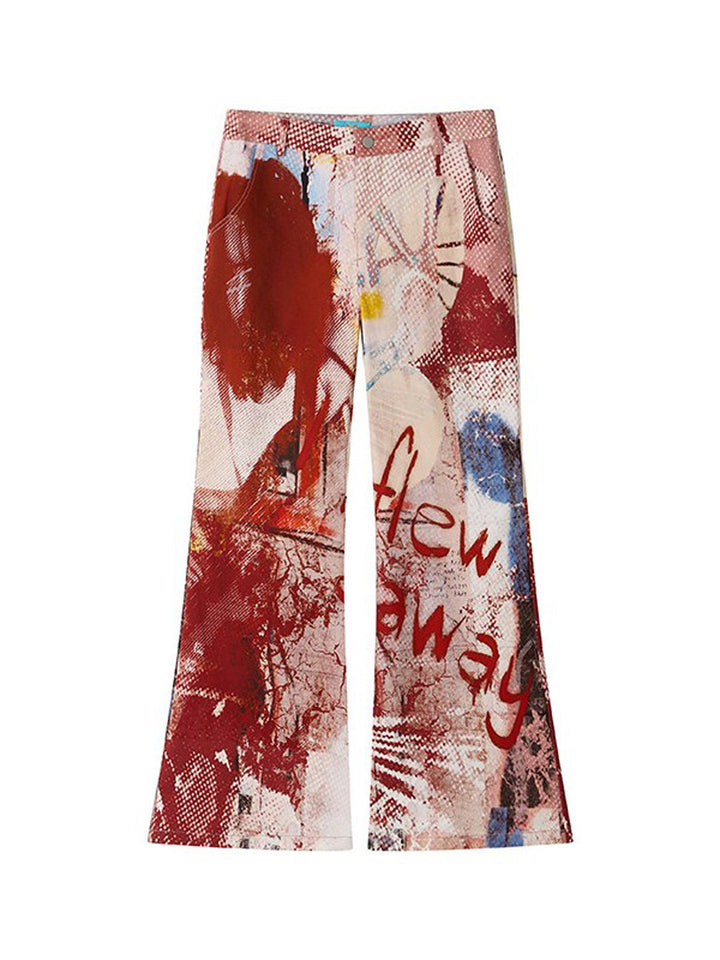 Red Abstract Graphic Flare Pants
