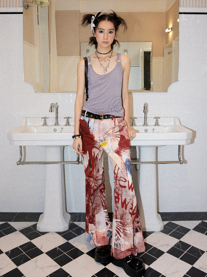 Red Abstract Graphic Flare Pants
