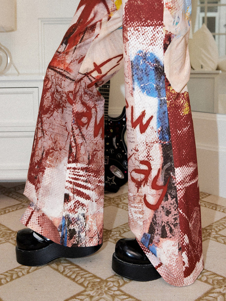 Red Abstract Graphic Flare Pants
