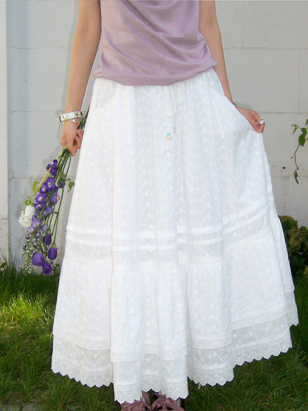 Romantic White Embroidered Tiered Maxi Skirt