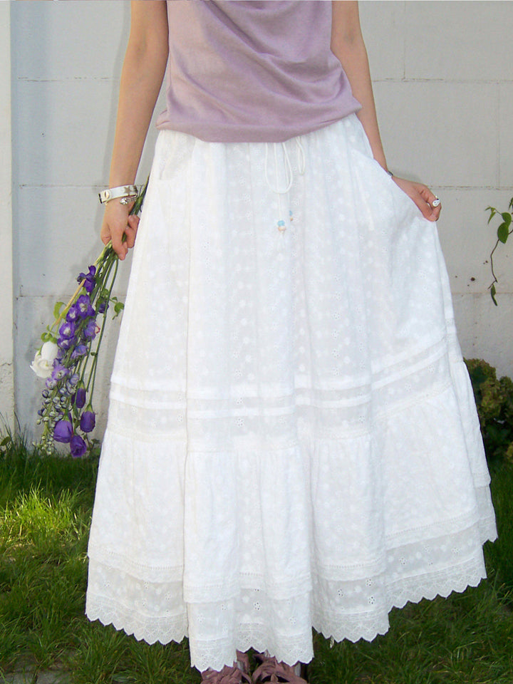 Romantic White Embroidered Tiered Maxi Skirt