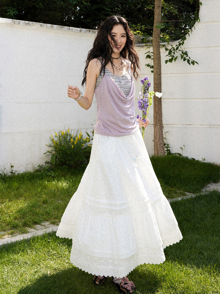 Romantic White Embroidered Tiered Maxi Skirt