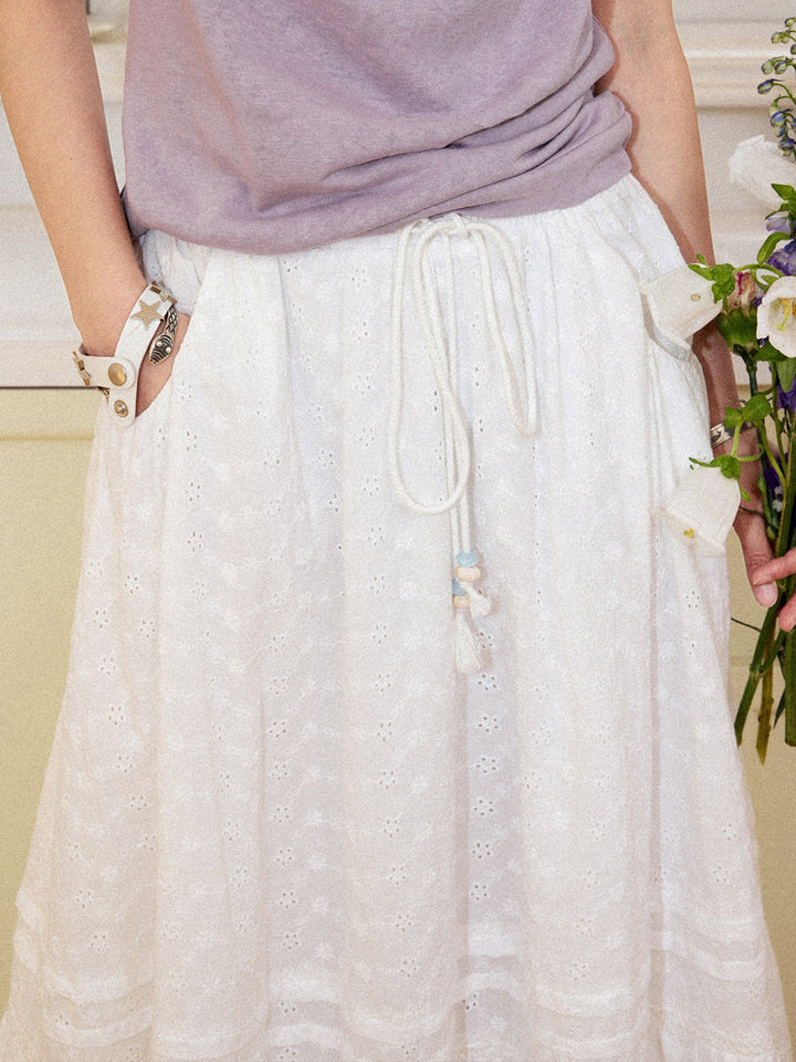 Romantic White Embroidered Tiered Maxi Skirt
