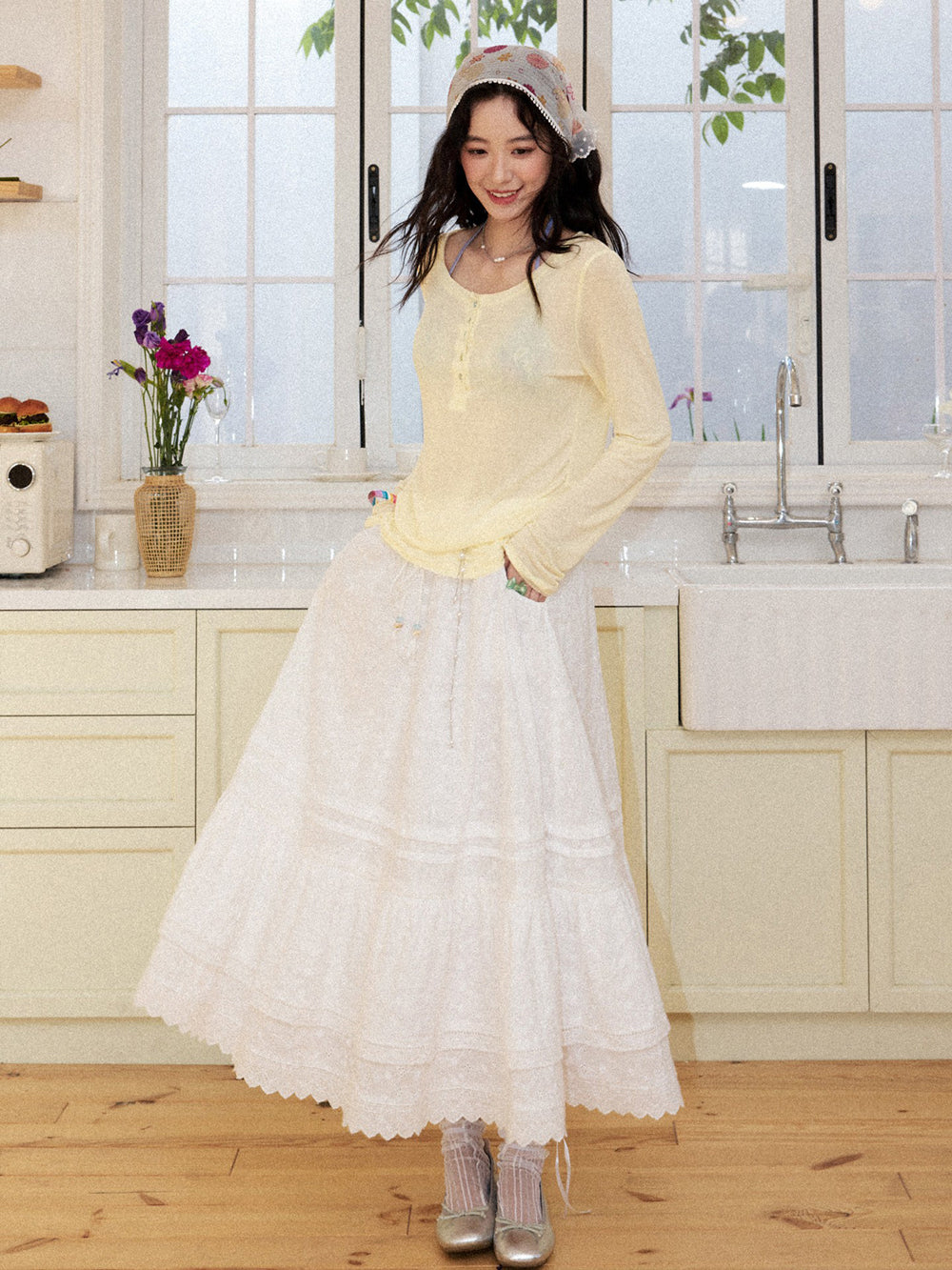 Romantic White Embroidered Tiered Maxi Skirt