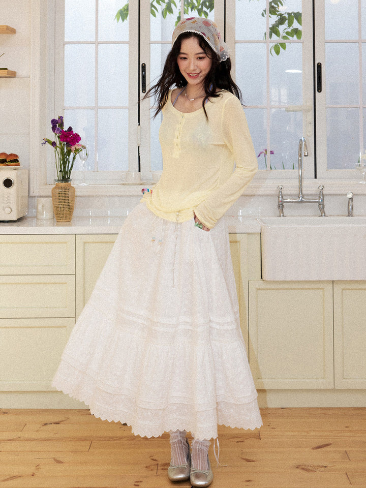 Romantic White Embroidered Tiered Maxi Skirt