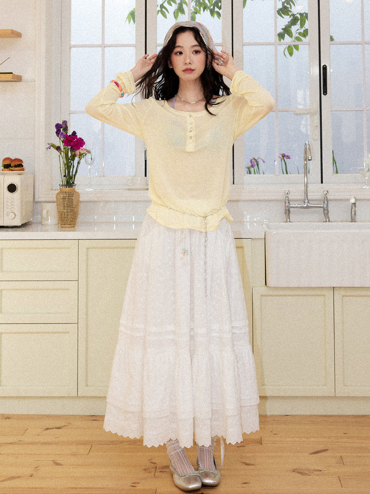 Romantic White Embroidered Tiered Maxi Skirt