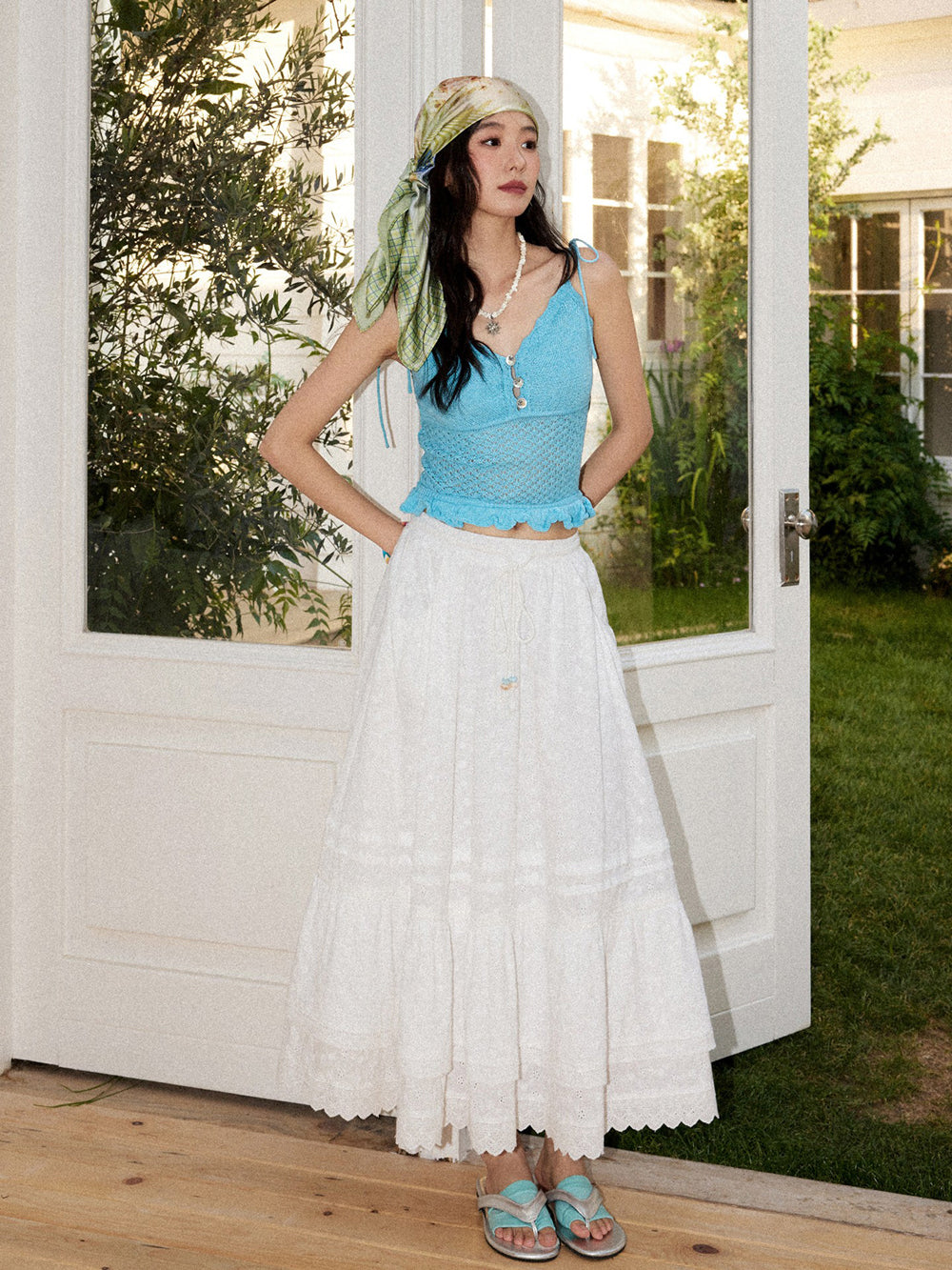 Romantic White Embroidered Tiered Maxi Skirt