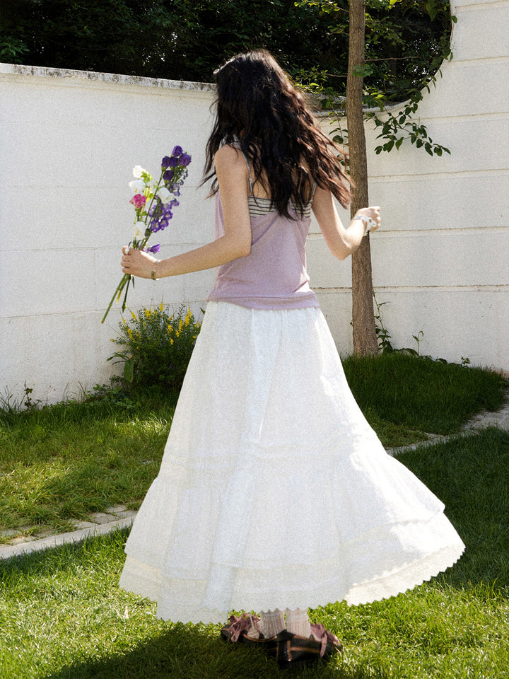 Romantic White Embroidered Tiered Maxi Skirt