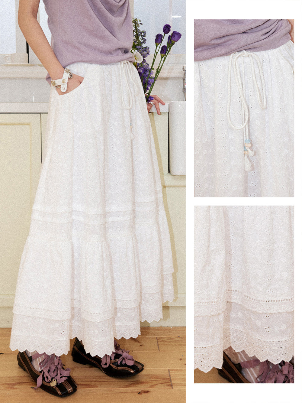 Romantic White Embroidered Tiered Maxi Skirt