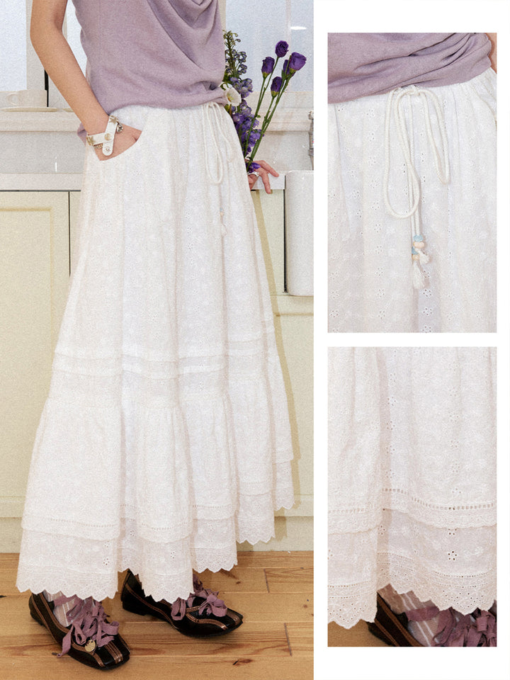 Romantic White Embroidered Tiered Maxi Skirt