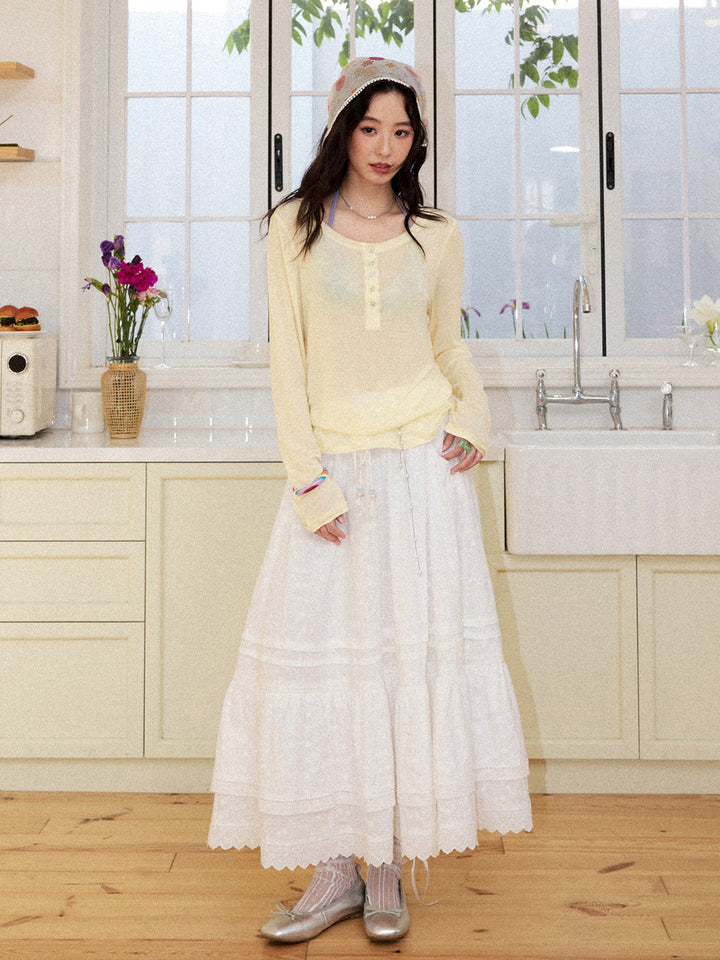 Romantic White Embroidered Tiered Maxi Skirt