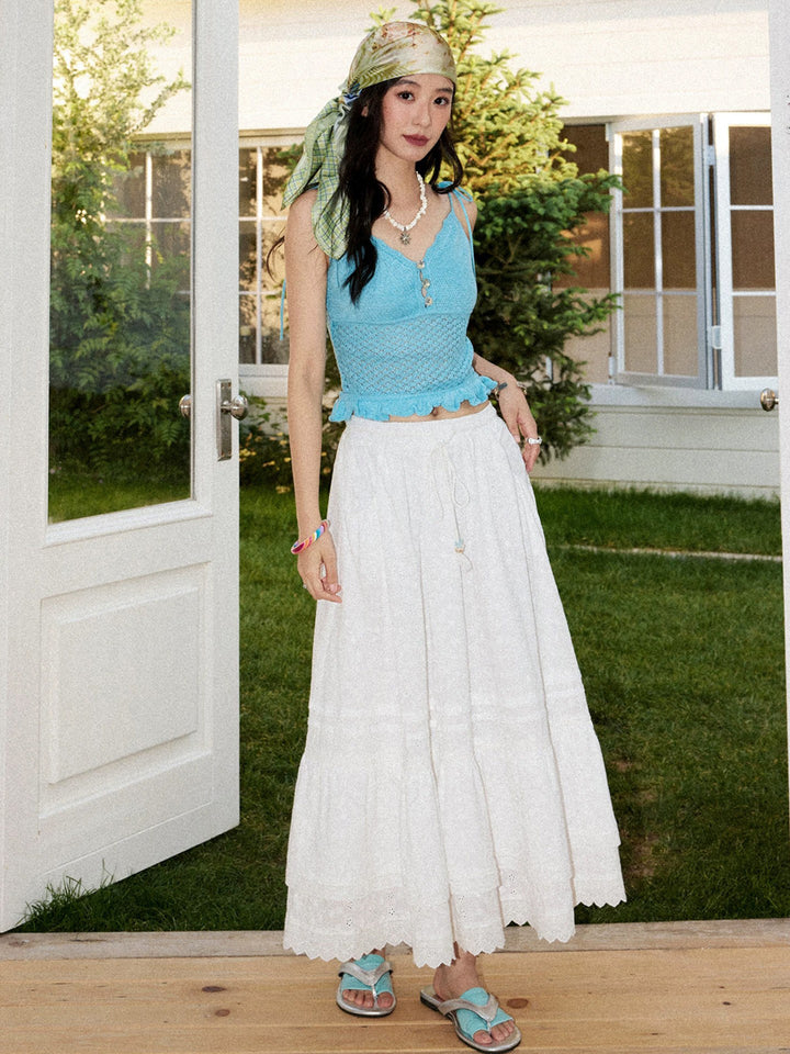 Romantic White Embroidered Tiered Maxi Skirt
