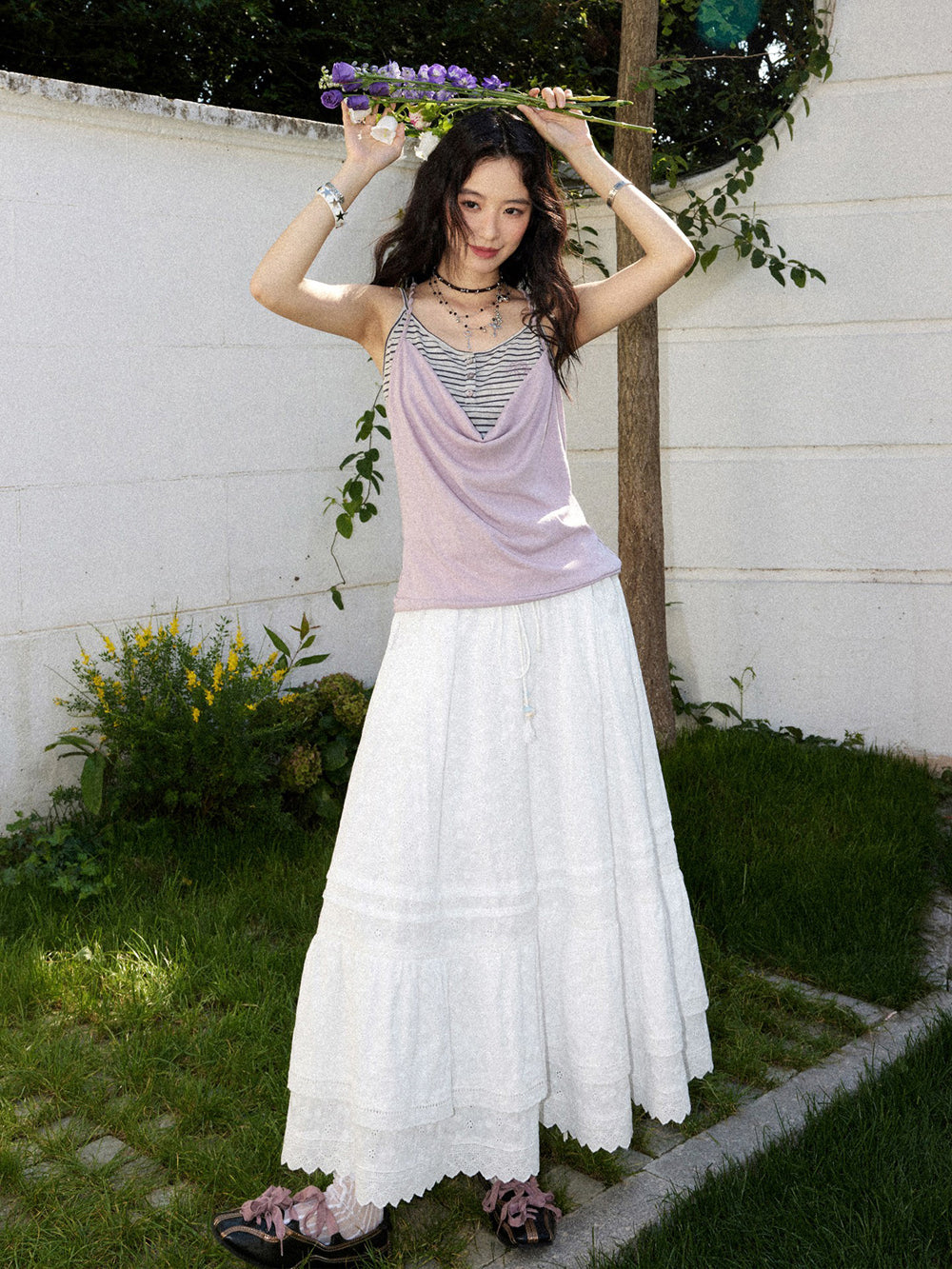 Romantic White Embroidered Tiered Maxi Skirt