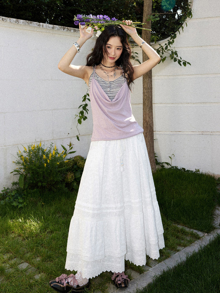 Romantic White Embroidered Tiered Maxi Skirt