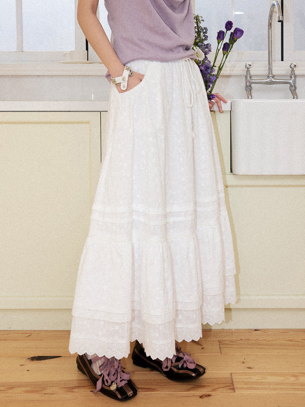 Romantic White Embroidered Tiered Maxi Skirt