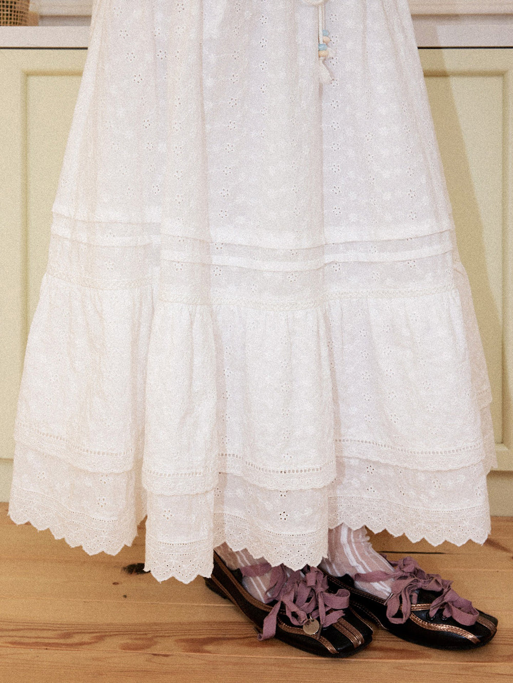 Romantic White Embroidered Tiered Maxi Skirt
