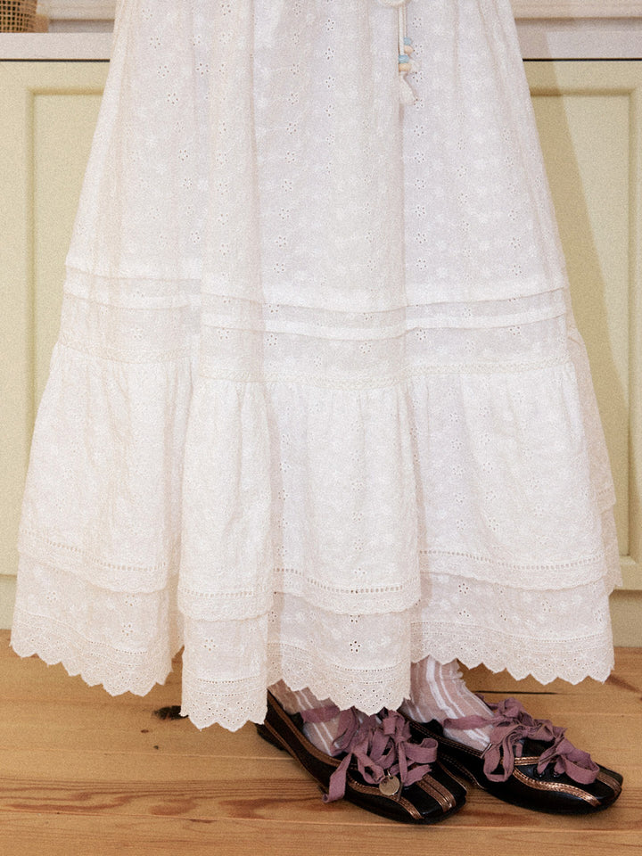 Romantic White Embroidered Tiered Maxi Skirt