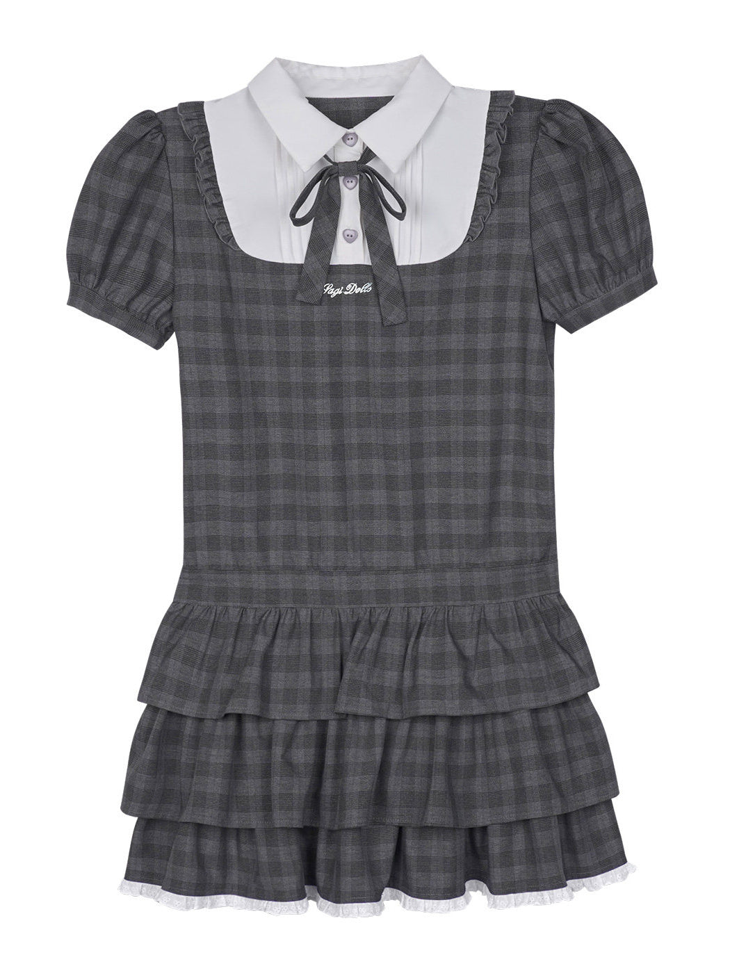 Gray Plaid Bow Collar Tiered Mini Dress