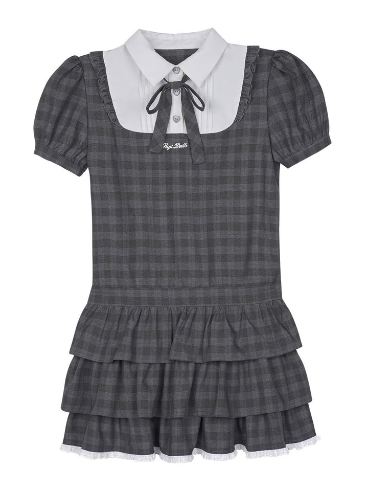 Gray Plaid Bow Collar Tiered Mini Dress