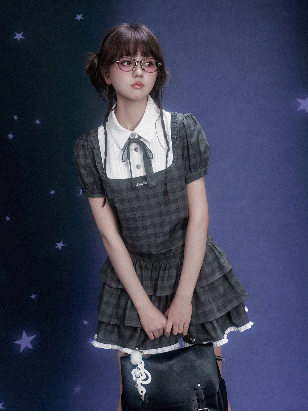 Gray Plaid Bow Collar Tiered Mini Dress