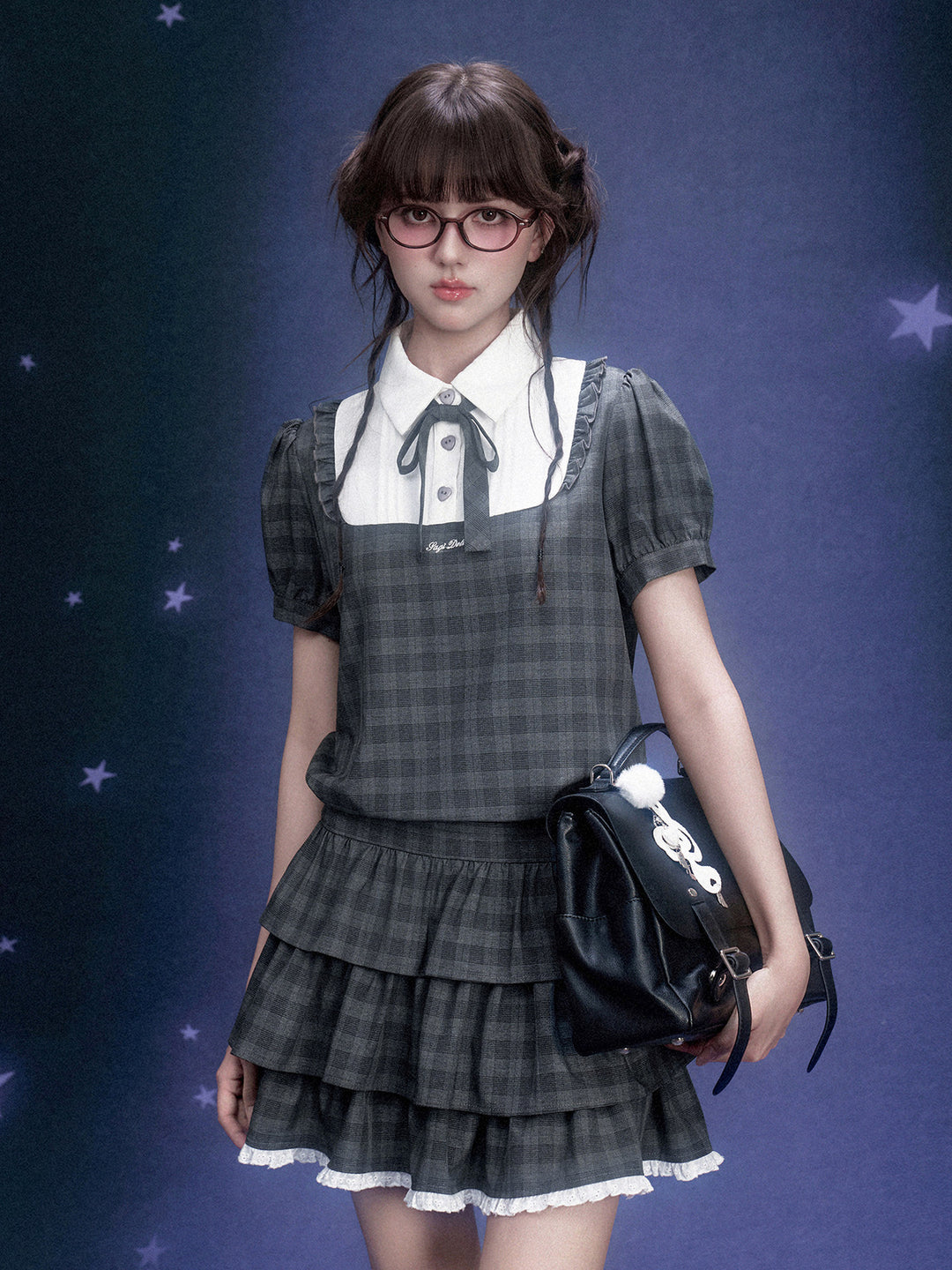 Gray Plaid Bow Collar Tiered Mini Dress