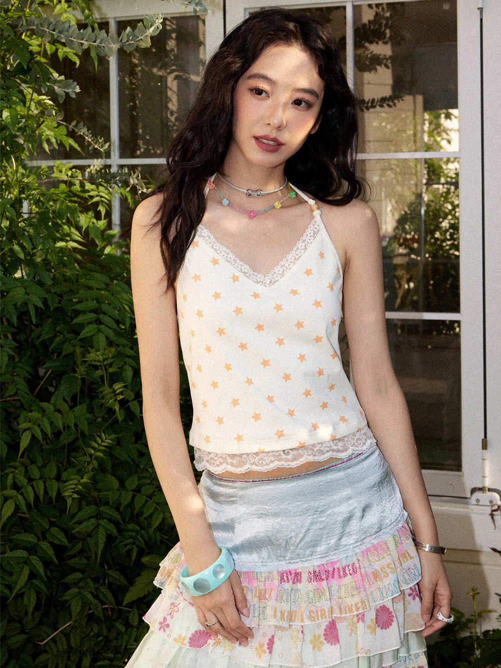 Soft Y2K Star Print Lace Trim Cami Top