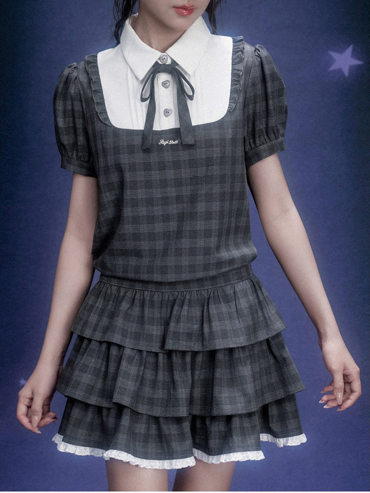 Gray Plaid Bow Collar Tiered Mini Dress
