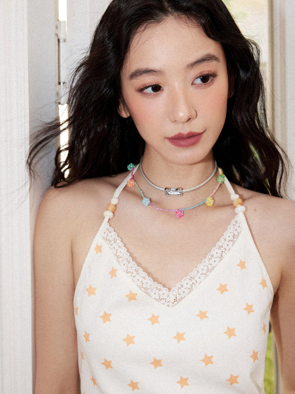 Soft Y2K Star Print Lace Trim Cami Top