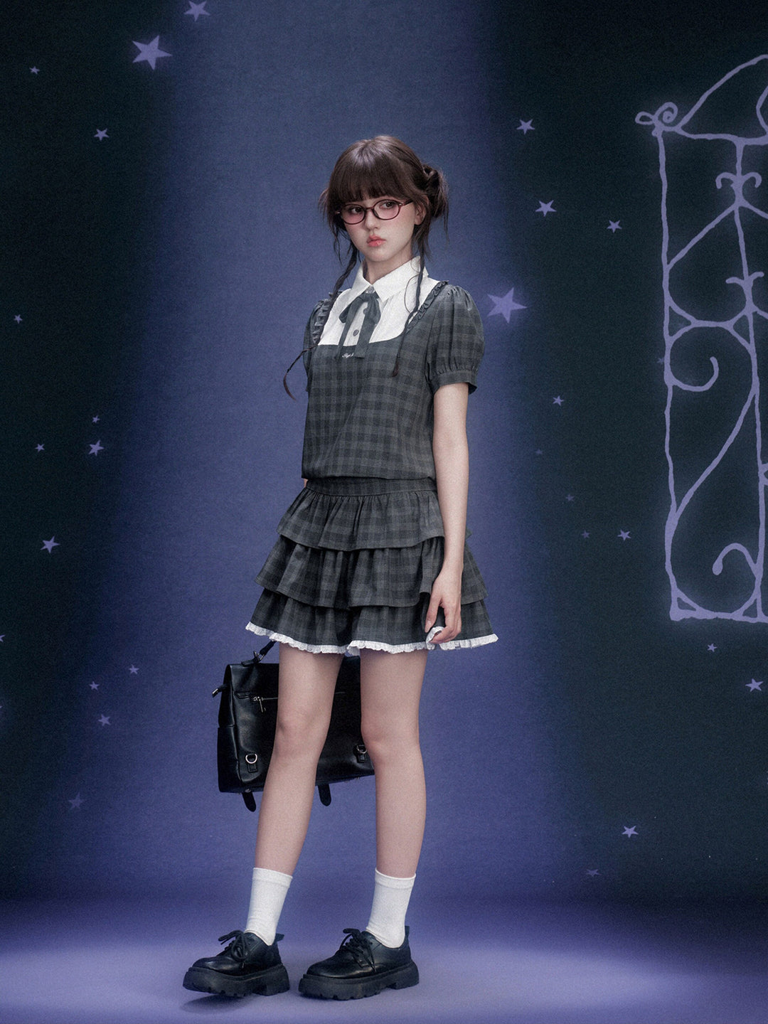Gray Plaid Bow Collar Tiered Mini Dress
