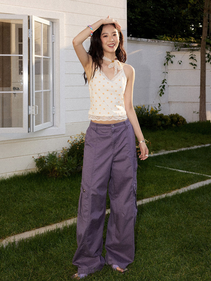 Soft Y2K Star Print Lace Trim Cami Top