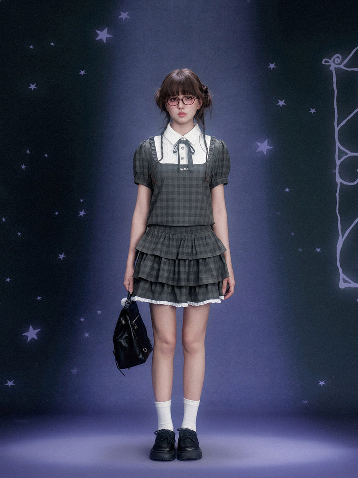 Gray Plaid Bow Collar Tiered Mini Dress
