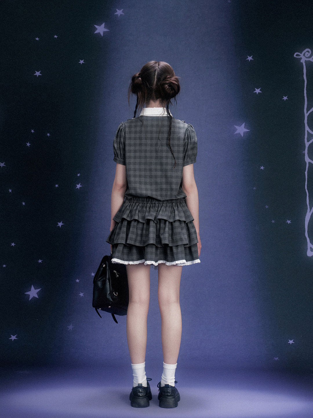 Gray Plaid Bow Collar Tiered Mini Dress