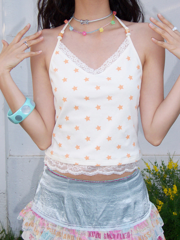 Soft Y2K Star Print Lace Trim Cami Top