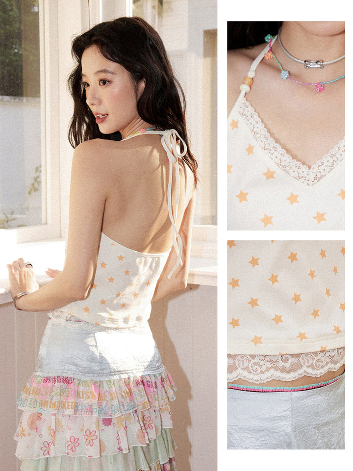 Soft Y2K Star Print Lace Trim Cami Top