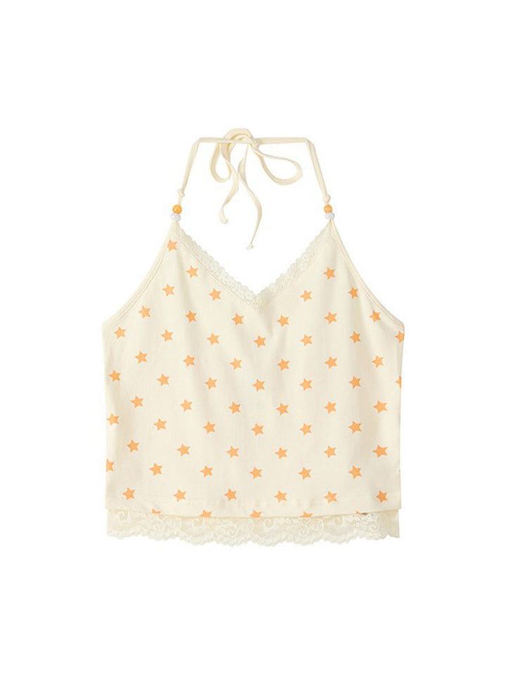 Soft Y2K Star Print Lace Trim Cami Top