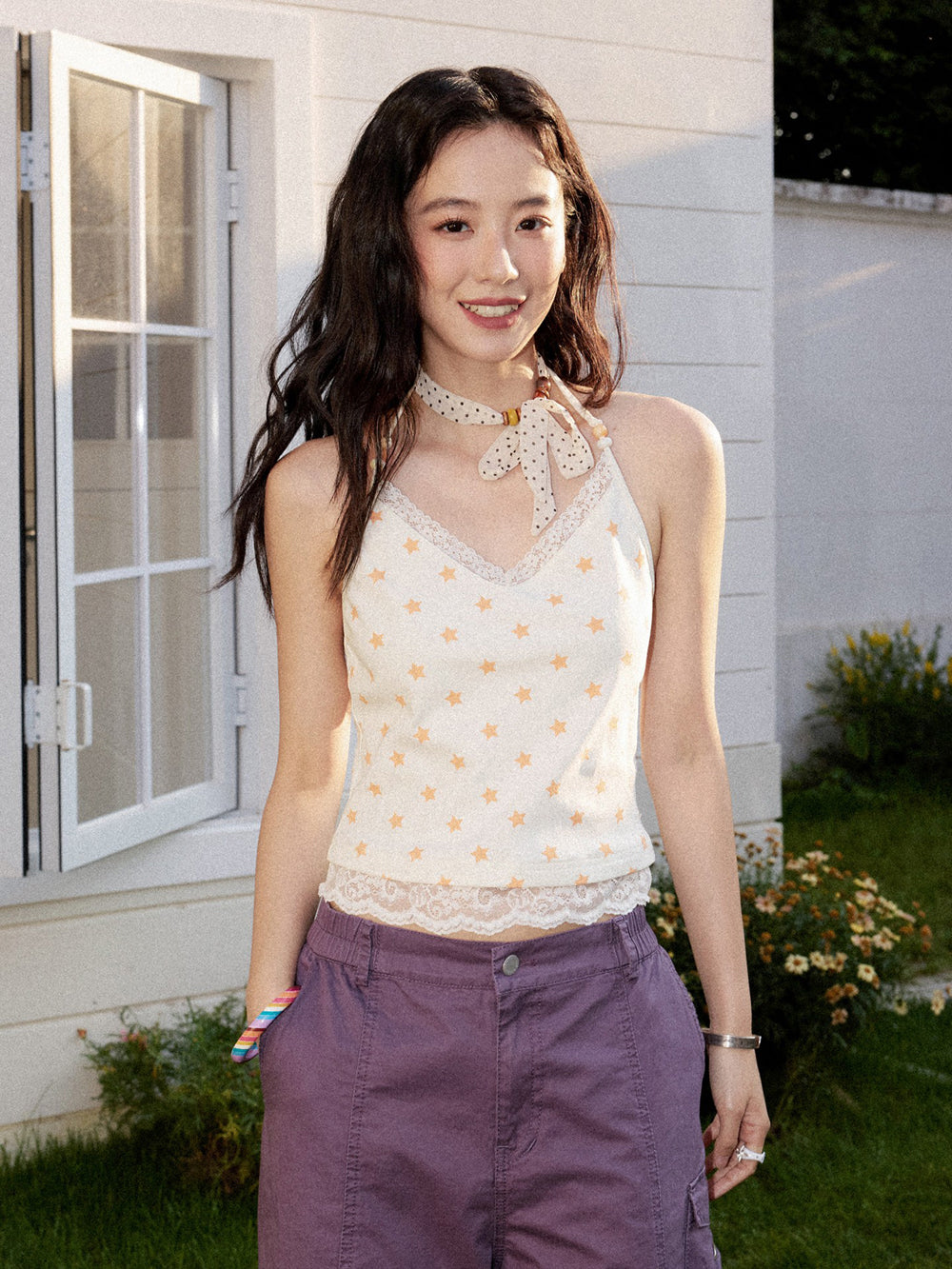 Soft Y2K Star Print Lace Trim Cami Top