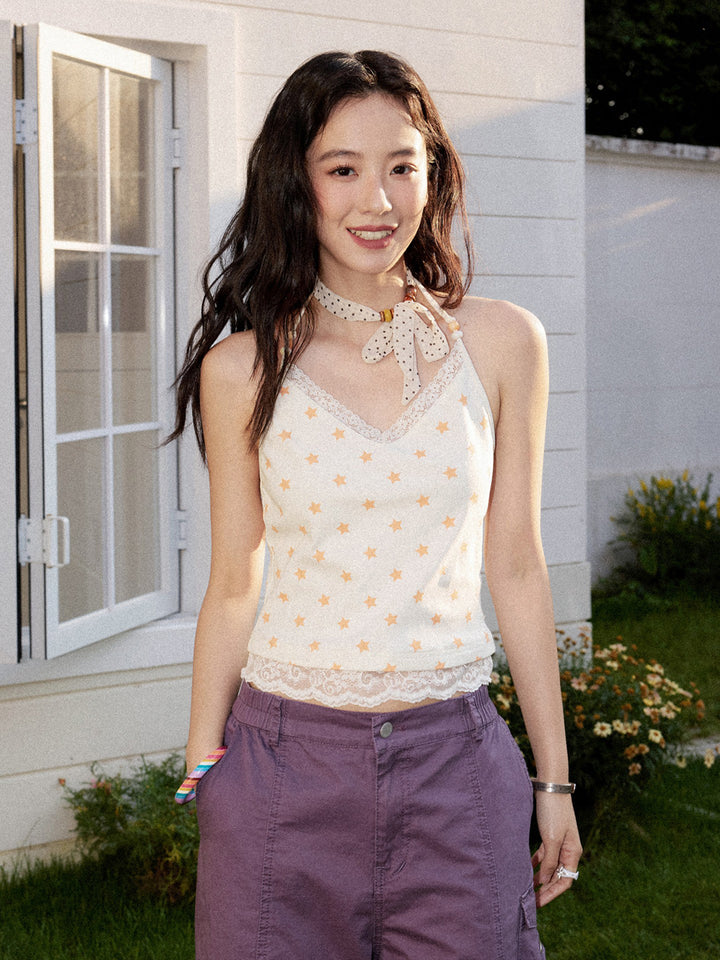 Soft Y2K Star Print Lace Trim Cami Top