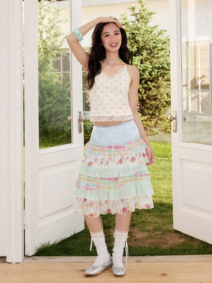 Soft Y2K Star Print Lace Trim Cami Top