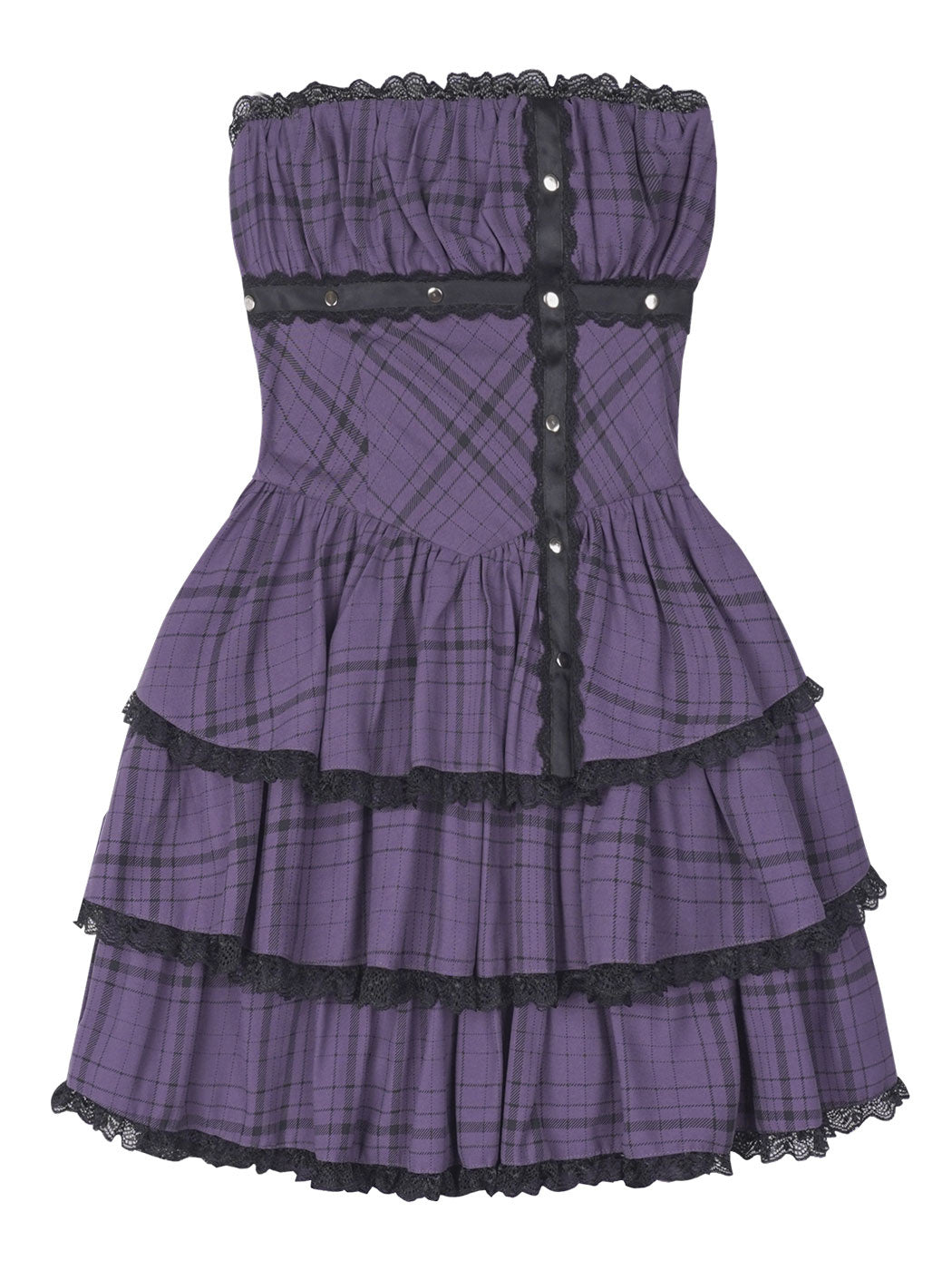Purple Plaid Lace Tiered Mini Dress
