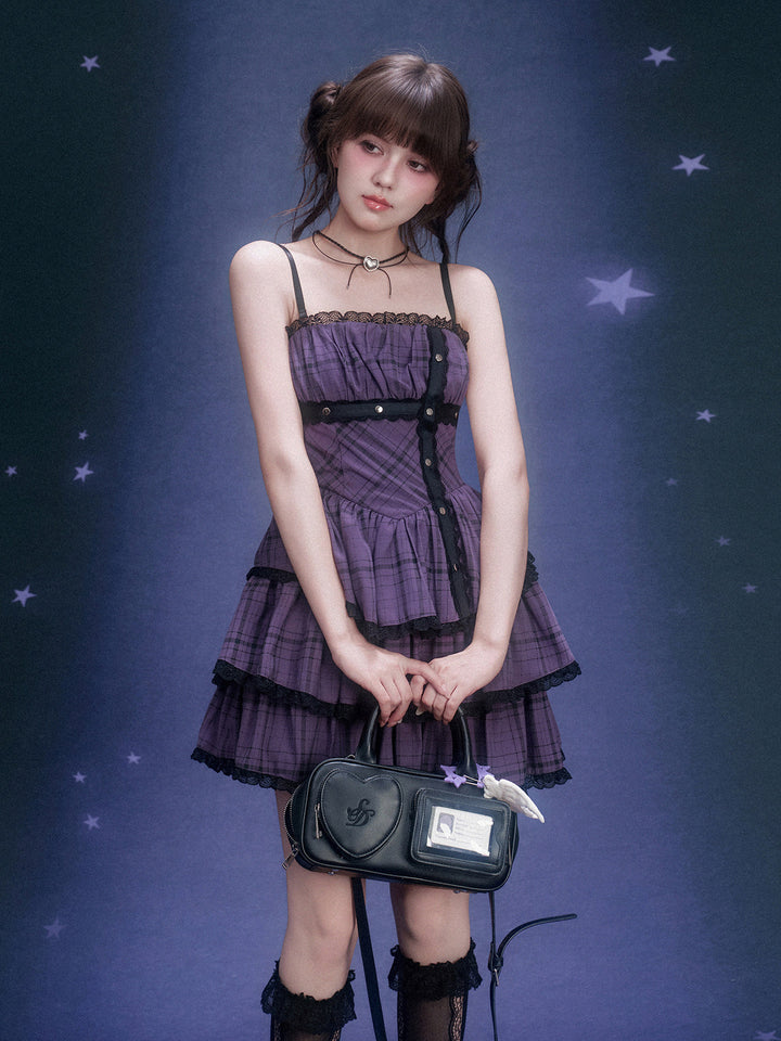 Purple Plaid Lace Tiered Mini Dress