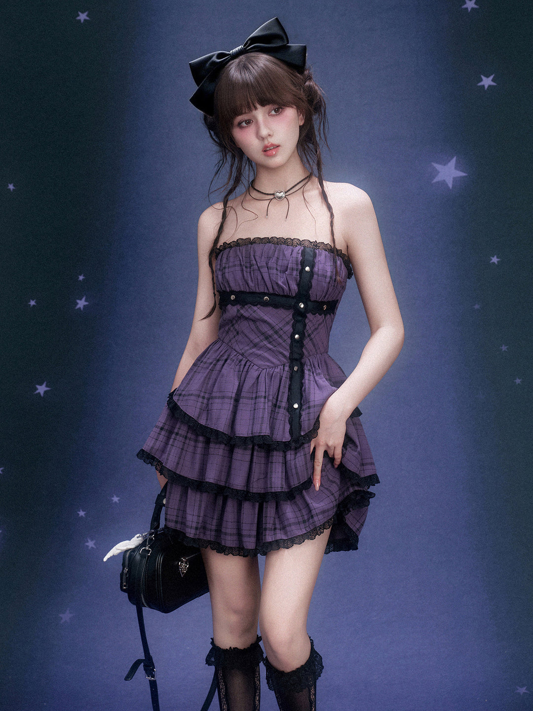 Purple Plaid Lace Tiered Mini Dress