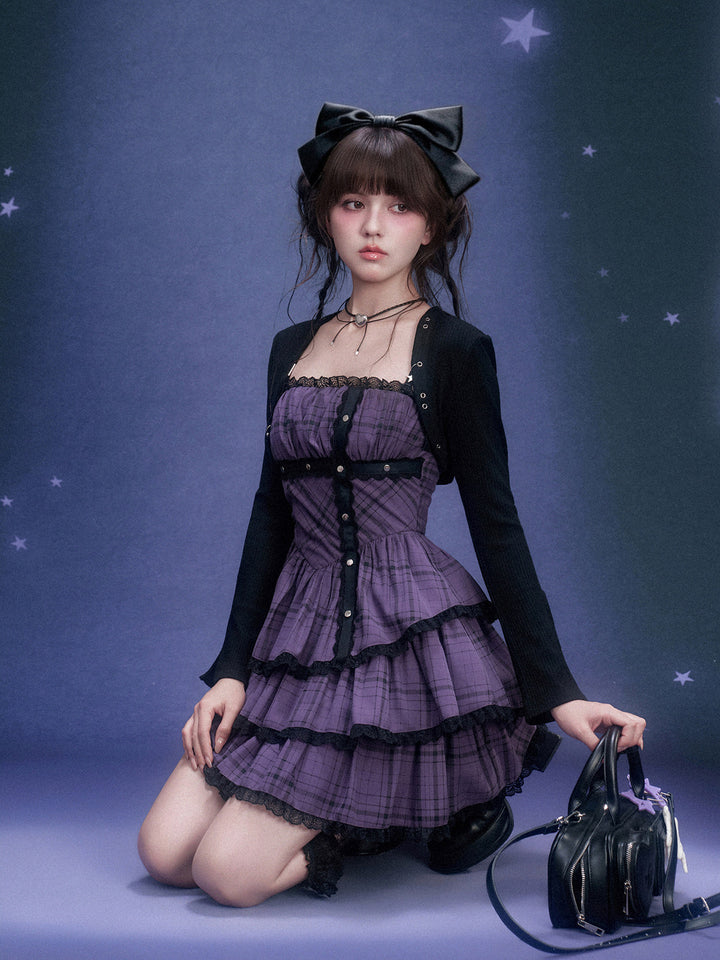 Purple Plaid Lace Tiered Mini Dress