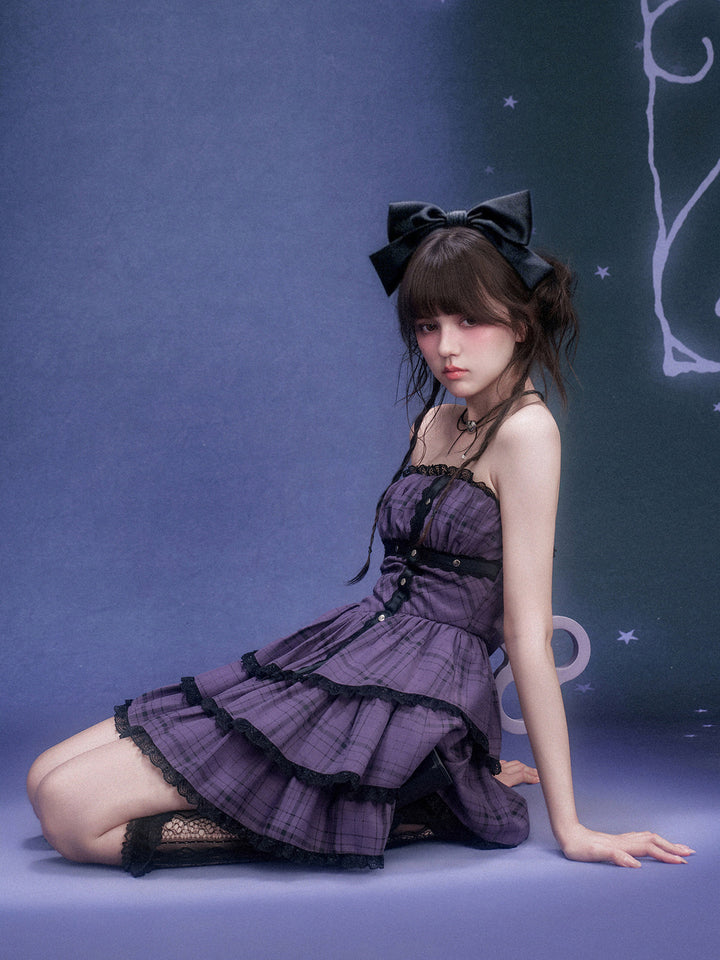 Purple Plaid Lace Tiered Mini Dress